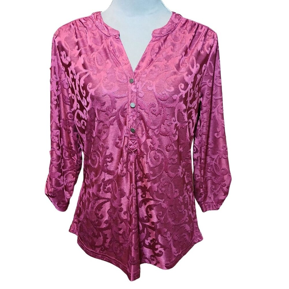 Croft & Barrow Womens Small Dark Sheen Scroll Print Vneck Top Got Grunge Fairy